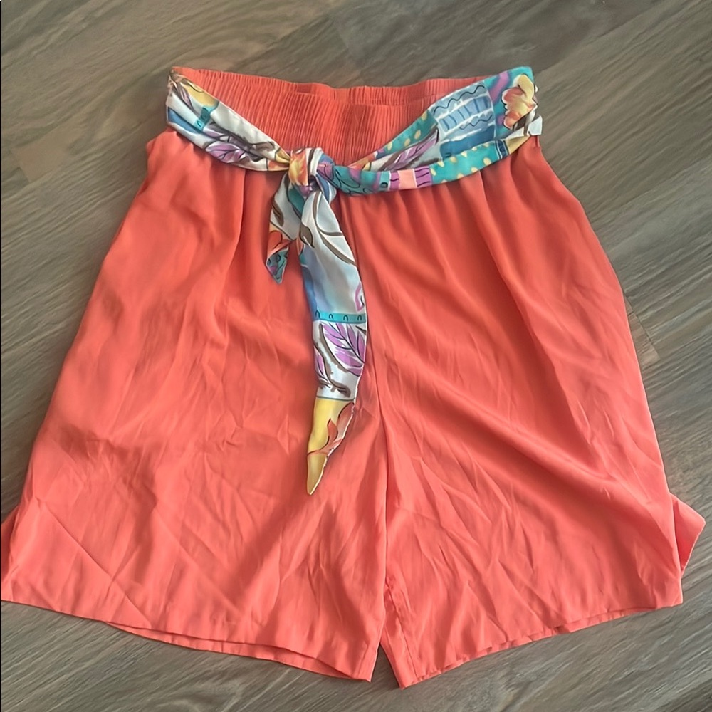 Vintage Maggie Sweet coral high waisted shorts with attached floral belt